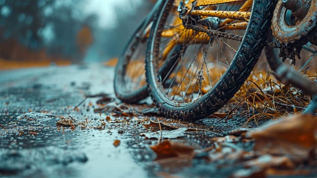Close-up of a broken wet bicycle wheel on a rainy autumn day with fallen leaves. travel safety concept,Generative AI