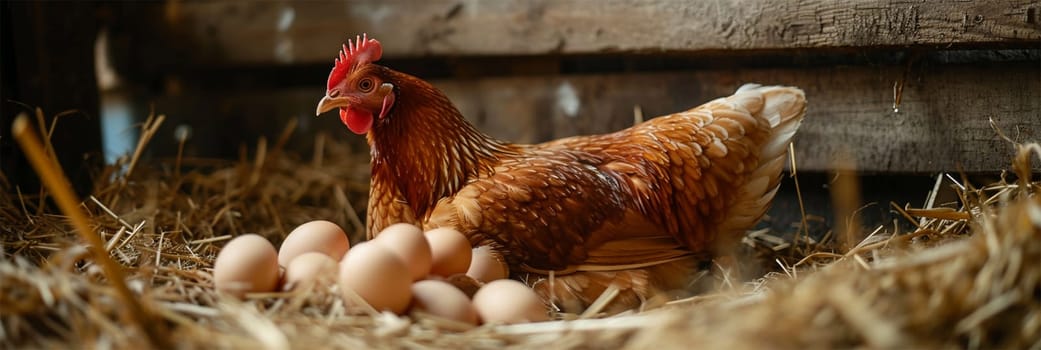 mother hen incubates eggs on the farm .A chicken sits next to fresh eggs in a chicken coop lined with straw.