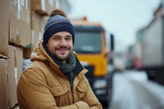 Cheerful delivery man in winter attire standing by a delivery truck.Smiling Delivery Man by Truck.