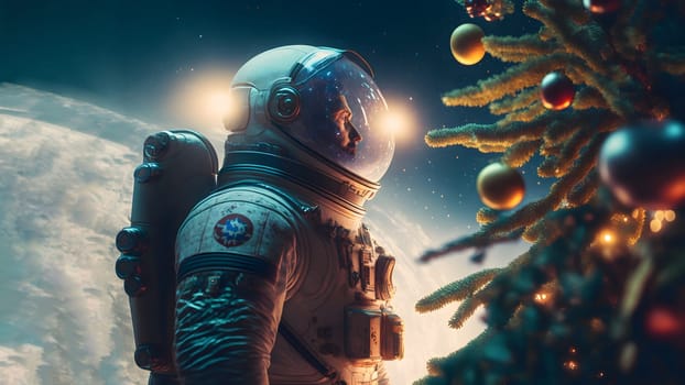 caucasian male astronaut stands next to decorated christmas tree, neural network generated art. Digitally generated image. Not based on any actual person, scene or pattern.