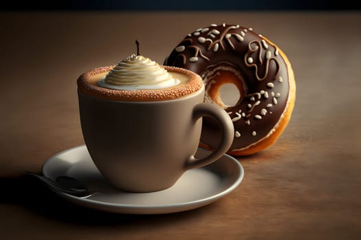 cup of latte and glazed donut on table, neural network generated art. Digitally generated image. Not based on any actual person, scene or pattern.