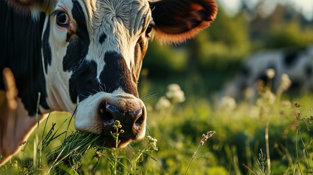 Close-up of a black and white cow grazing in a sunny meadow, with a soft focus on the background