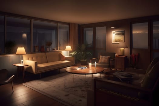 photorealistic mid century interior at summer night. Neural network generated in May 2023. Not based on any actual scene or pattern.