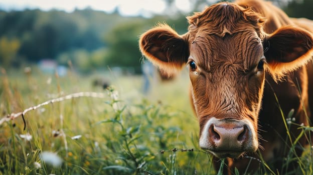 Close-up of a red cow grazing in a sunny meadow, with soft focus in the background.