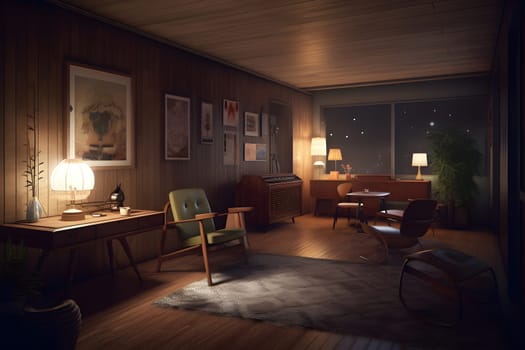photorealistic mid century interior at summer night. Neural network generated in May 2023. Not based on any actual scene or pattern.