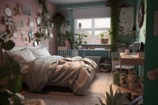 student bedroom with plants in pastel colors at day time. Neural network generated in May 2023. Not based on any actual scene or pattern.
