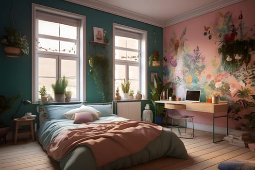 student bedroom with plants in pastel colors at day time. Neural network generated in May 2023. Not based on any actual scene or pattern.