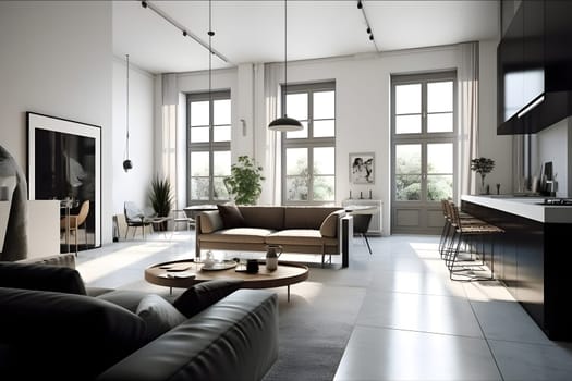 Generic contemporary photorealistic white living room interior with three large windows. Neural network generated in May 2023. Not based on any actual scene or pattern.