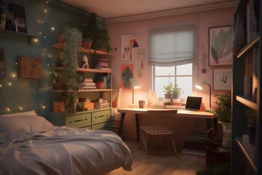 student bedroom with plants in pastel colors at day time. Neural network generated in May 2023. Not based on any actual scene or pattern.
