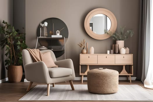 Stylish composition of creative living room interior. Neural network generated in May 2023. Not based on any actual scene or pattern.