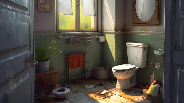 old dirty and neglected abandoned toilet room. Neural network generated in May 2023. Not based on any actual scene or pattern.