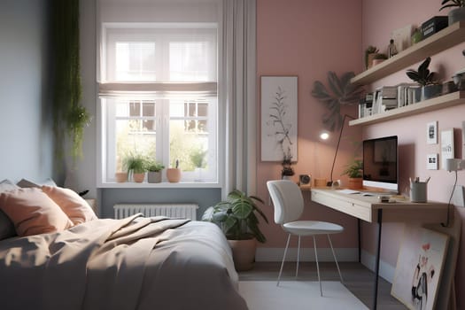 student bedroom with plants in pastel colors at day time. Neural network generated in May 2023. Not based on any actual scene or pattern.