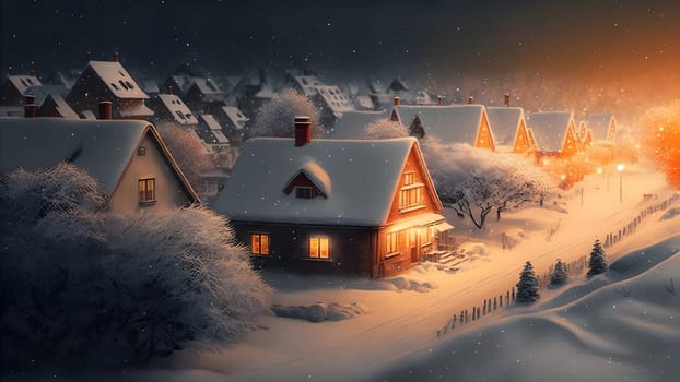 village covered in heavy snow under the light of orange street lights, neural network generated art. Digitally generated image. Not based on any actual scene.