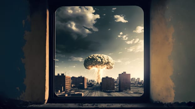 nuclear exposion mushroom over city, view through opened window, neural network generated art. Digitally generated image. Not based on any actual person, scene or pattern.