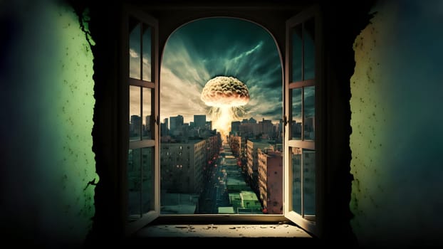 nuclear exposion mushroom over city, view through opened window, neural network generated art. Digitally generated image. Not based on any actual person, scene or pattern.