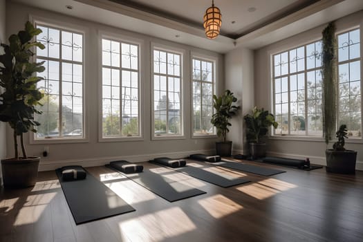 Yoga room with natural light from large windows. Neural network generated in May 2023. Not based on any actual scene or pattern.