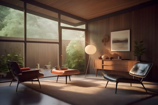 photorealistic mid century interior with sunlight from windows at summer day. Neural network generated in May 2023. Not based on any actual scene or pattern.