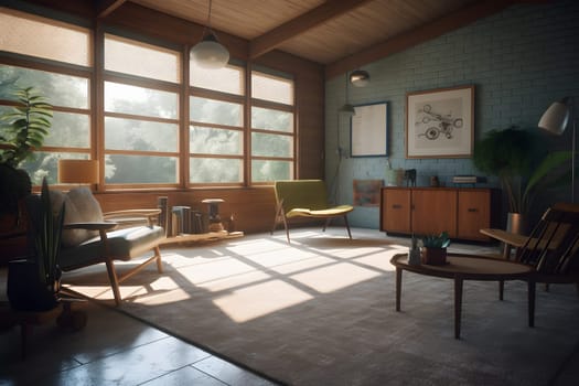 photorealistic mid century interior with sunlight from windows at summer day. Neural network generated in May 2023. Not based on any actual scene or pattern.