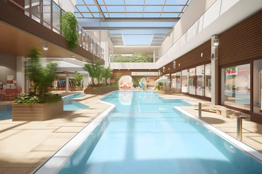 Brightly lit residential building swimming pool at sunny summer day. Neural network generated in May 2023. Not based on any actual scene or pattern.