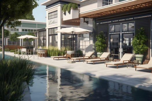 Brightly lit residential building swimming pool at sunny summer day. Neural network generated in May 2023. Not based on any actual scene or pattern.