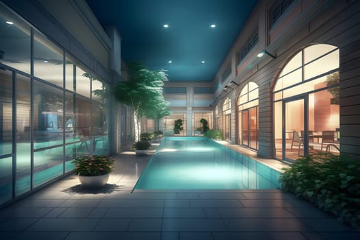residential building indoor public swimming pool. Neural network generated in May 2023. Not based on any actual scene or pattern.