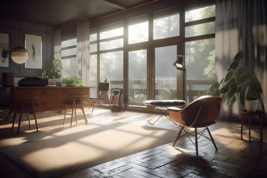 photorealistic mid century interior with sunlight from windows at summer day. Neural network generated in May 2023. Not based on any actual scene or pattern.