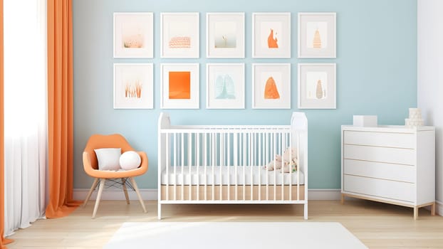Bright white minimalist nursery wall with frames above cradle. Neural network generated in May 2023. Not based on any actual person, scene or pattern.