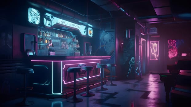 cyberpunk style bar dark interior concept with neon lights. Neural network generated in May 2023. Not based on any actual person, scene or pattern.