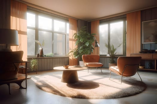 photorealistic mid century interior with sunlight from windows at summer day. Neural network generated in May 2023. Not based on any actual scene or pattern.