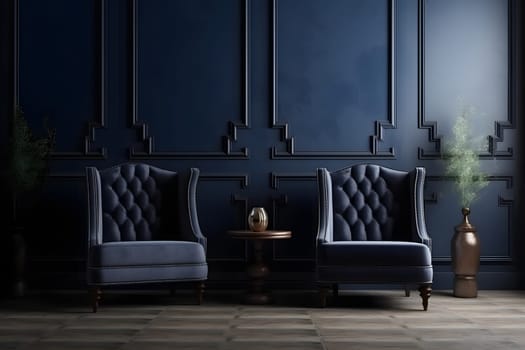 Modern dark home interior in dark navy blue colors with two empty armchairs. Neural network generated in May 2023. Not based on any actual scene or pattern.