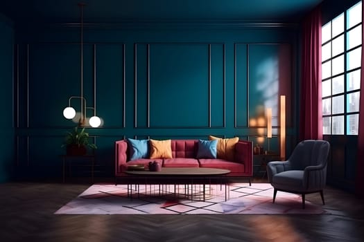 Deep color designed home interior. Neural network generated in May 2023. Not based on any actual scene or pattern.