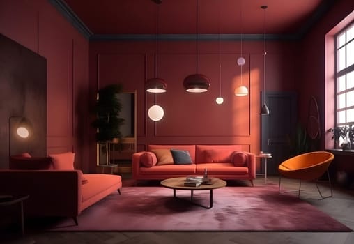 Deep color designed home interior. Neural network generated in May 2023. Not based on any actual scene or pattern.
