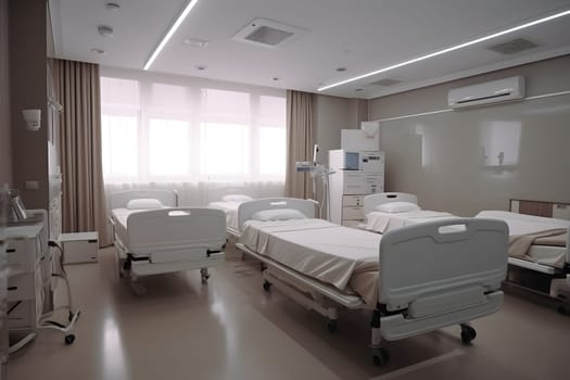 Recovery Room in hospital with comfortable beds and medical equipment. Neural network generated in May 2023. Not based on any actual scene or pattern.