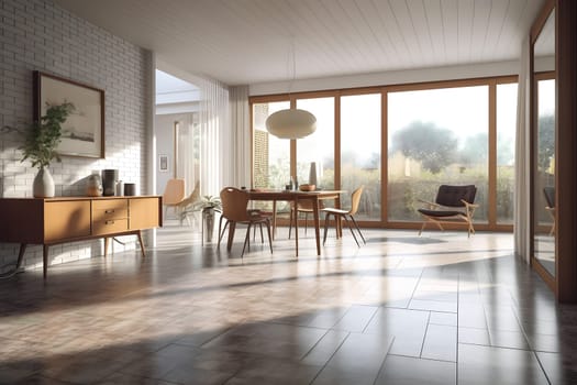 photorealistic mid century interior with sunlight from windows at summer day. Neural network generated in May 2023. Not based on any actual scene or pattern.