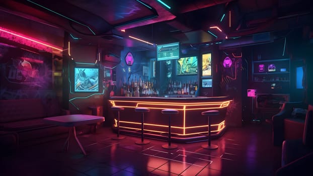 cyberpunk style bar dark interior concept with neon lights. Neural network generated in May 2023. Not based on any actual person, scene or pattern.