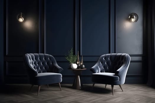 Modern dark home interior in dark navy blue colors with two empty armchairs. Neural network generated in May 2023. Not based on any actual scene or pattern.