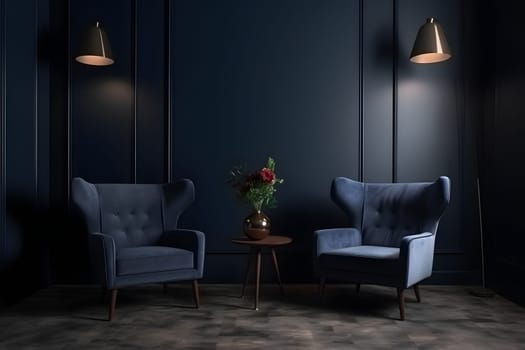 Modern dark home interior in dark navy blue colors with two empty armchairs. Neural network generated in May 2023. Not based on any actual scene or pattern.