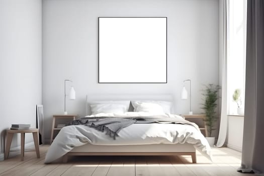 mockup picture frame hanging above the bed in white master bedroom interior. Neural network generated in May 2023. Not based on any actual scene or pattern.
