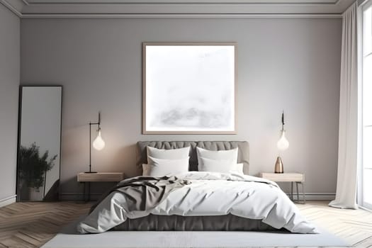 mockup picture frame hanging above the bed in white master bedroom interior. Neural network generated in May 2023. Not based on any actual scene or pattern.