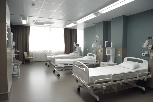 Recovery Room in hospital with comfortable beds and medical equipment. Neural network generated in May 2023. Not based on any actual scene or pattern.