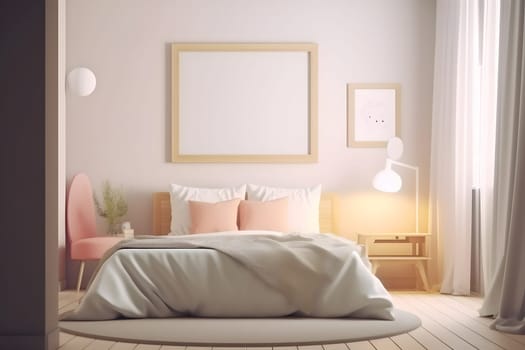 mockup picture frame hanging above the bed in white master bedroom interior. Neural network generated in May 2023. Not based on any actual scene or pattern.