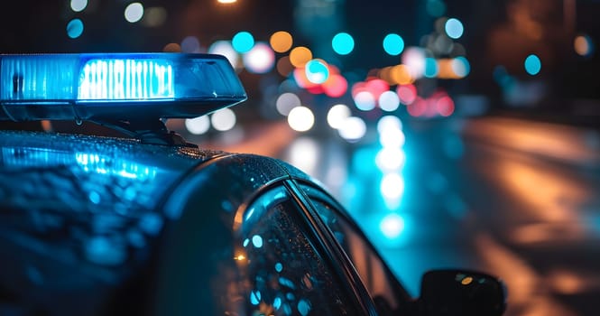 police car lights at night in city street with selective focus and bokeh. Neural network generated image. Not based on any actual person or scene.