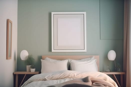 mockup picture frame hanging above the bed in white master bedroom interior. Neural network generated in May 2023. Not based on any actual scene or pattern.