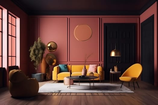 Deep color designed home interior. Neural network generated in May 2023. Not based on any actual scene or pattern.