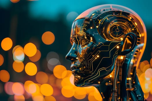black android head with yellow accents and yellow bokeh background, AI concept. Neural network generated image. Not based on any actual person or scene.