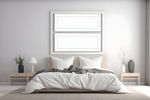 mockup picture frame hanging above the bed in white master bedroom interior. Neural network generated in May 2023. Not based on any actual scene or pattern.
