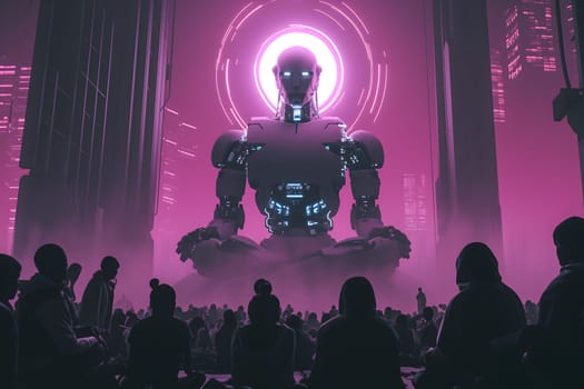 Cyber god in front of their adepts for artificial super intelligence encounter. Neural network generated image. Not based on any actual person or scene.