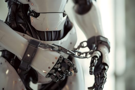 Robot hands shackled in chains for the concept of constraints and regulation of artificial intelligence. Neural network generated image. Not based on any actual person or scene.