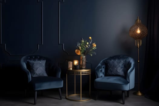 Modern dark home interior in dark navy blue colors with two empty armchairs. Neural network generated in May 2023. Not based on any actual scene or pattern.
