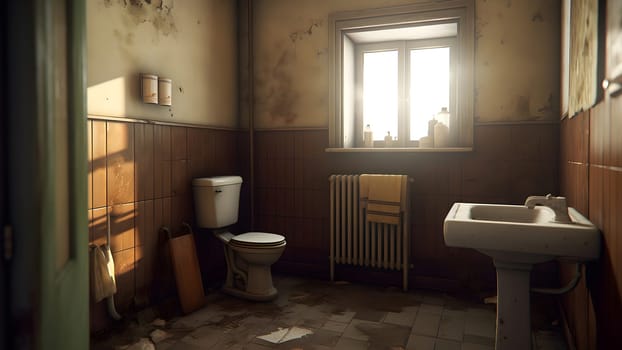 old dirty and neglected abandoned toilet room. Neural network generated in May 2023. Not based on any actual scene or pattern.